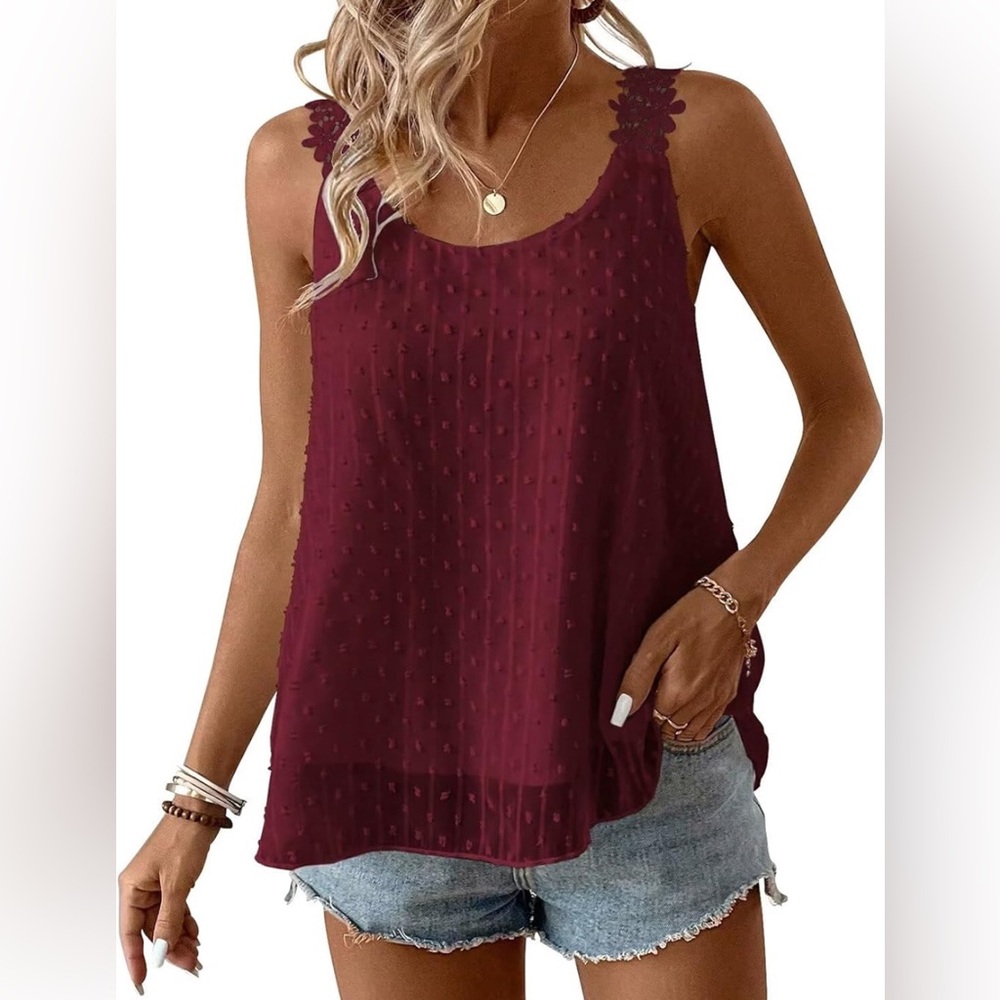 Burgundy Swiss Dot Sleeveless Top w/Floral Lace Straps| Size XL